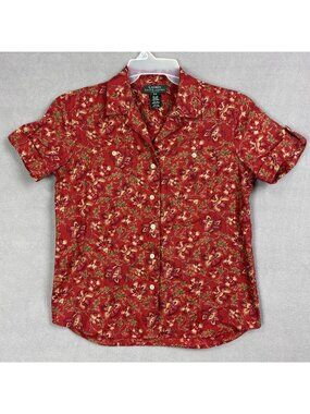 Lauren Ralph Lauren Red Floral Linen Button Top shirt size PM length 23 in